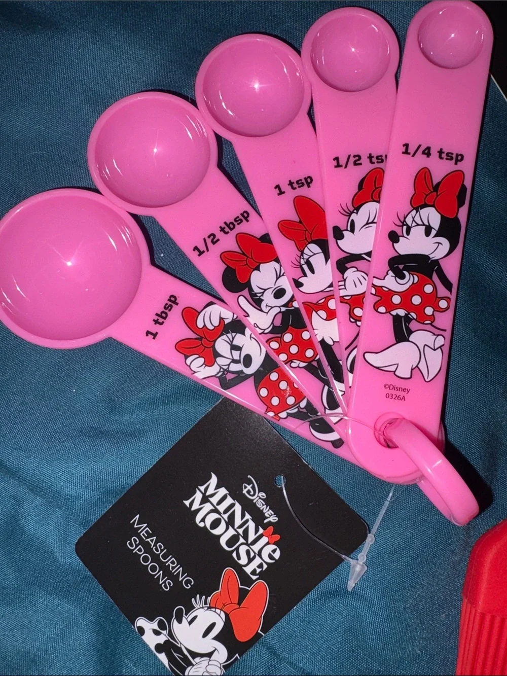 4 items Disney Minnie & Mickey Pink and Red Measuring Spoons w/ Silicone Brushes